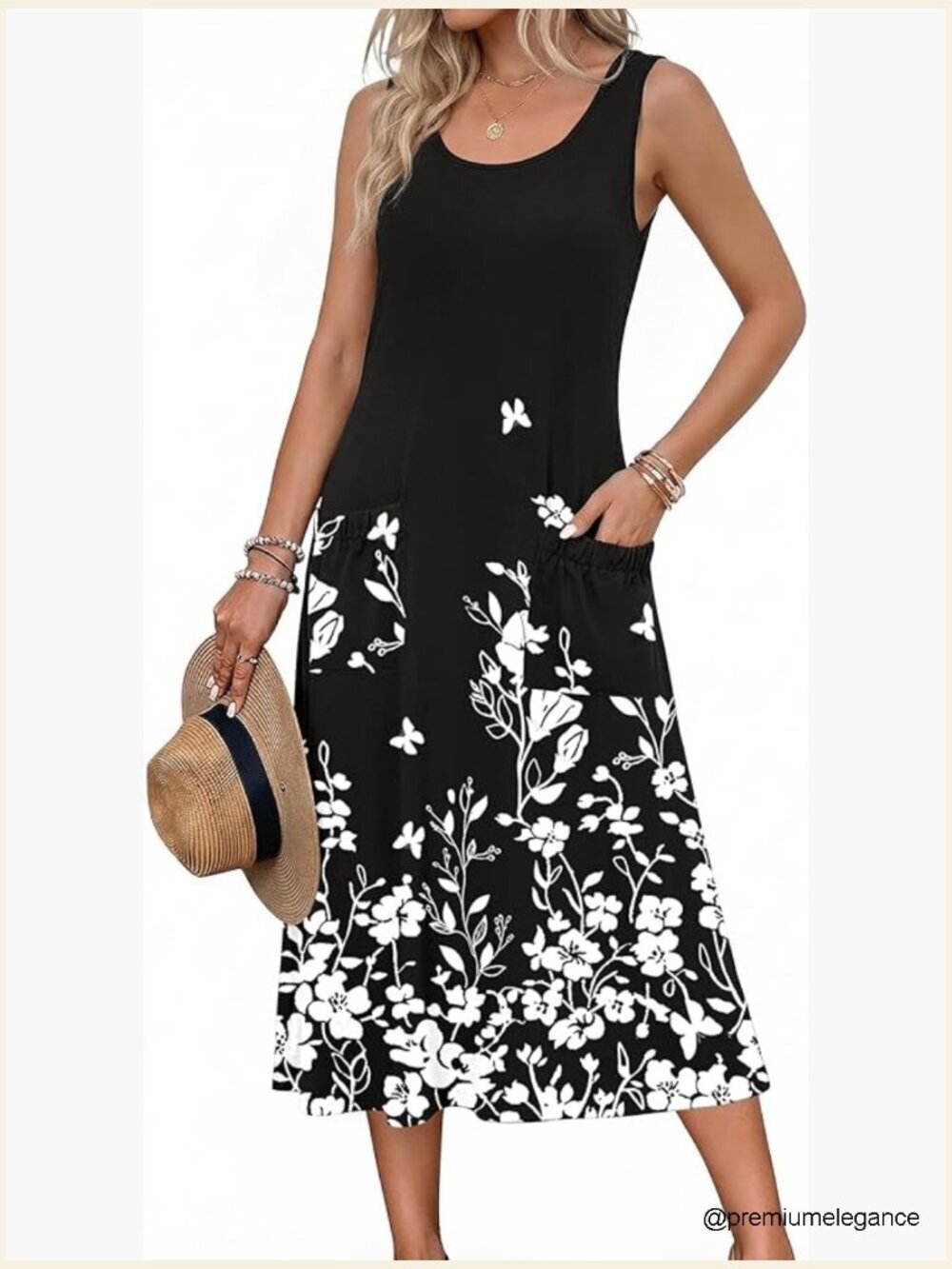 Sleeveless Midi Dress with Pockets Casual Beach Vacation A-Line